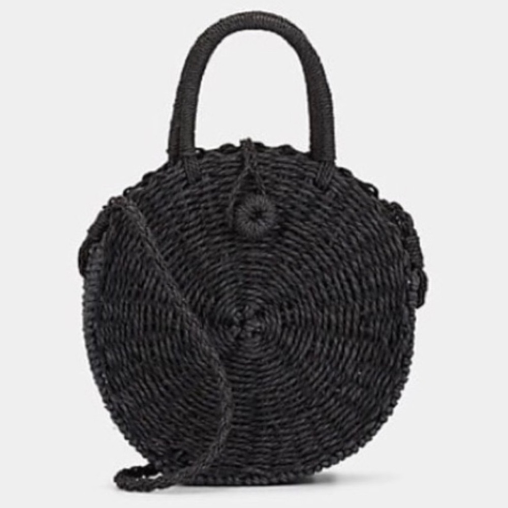 Barneys New York Black Woven Straw Round Circular Crossbody Bag